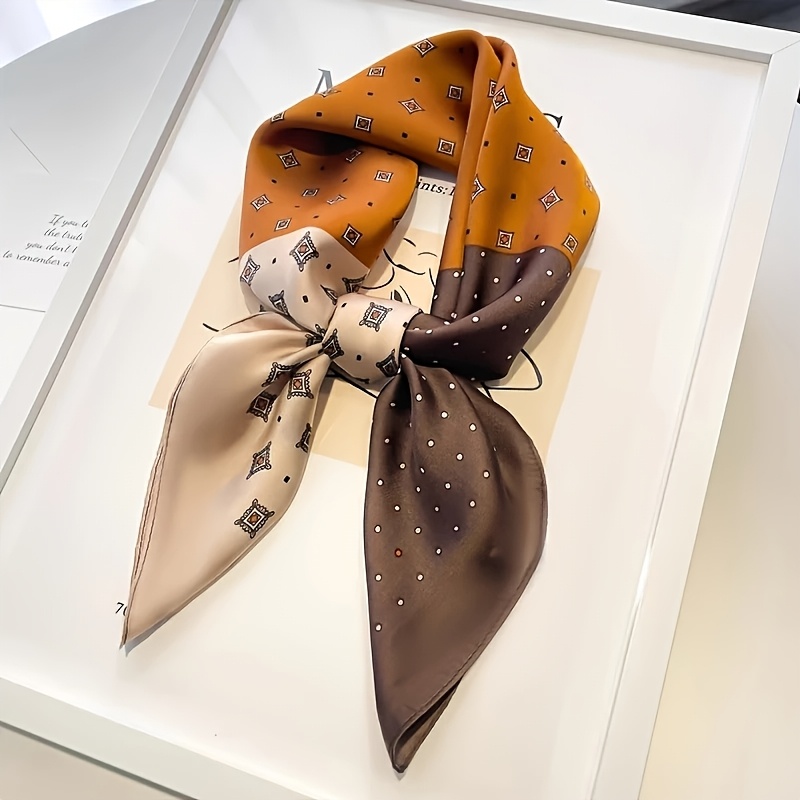 1pc Women's 27.56-inch Retro Geometric Pattern Square Scarf - Lightweight Brown And Beige Multi-functional Neck Scarf, Evening Headband And Hair Accessory, Classic Elegant, Smooth Texture For
