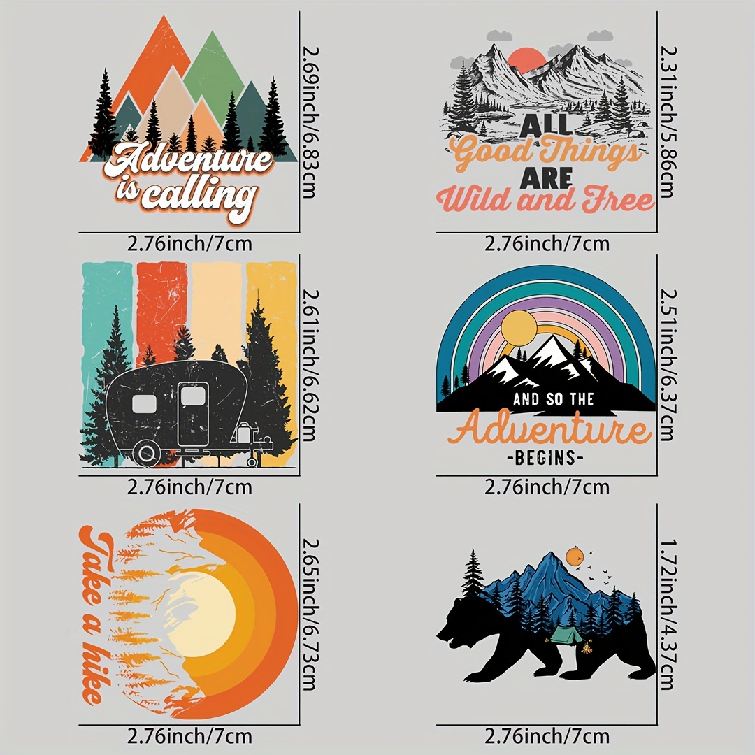

3/6pcs Outdoor Life Mega Retro Mountains Heat Transfer Sticker, Diy Iron-on Decals For Clothes, T-shirt Making, Pillow Decorating, Personalized Style Washable Heat Transfer Stickers
