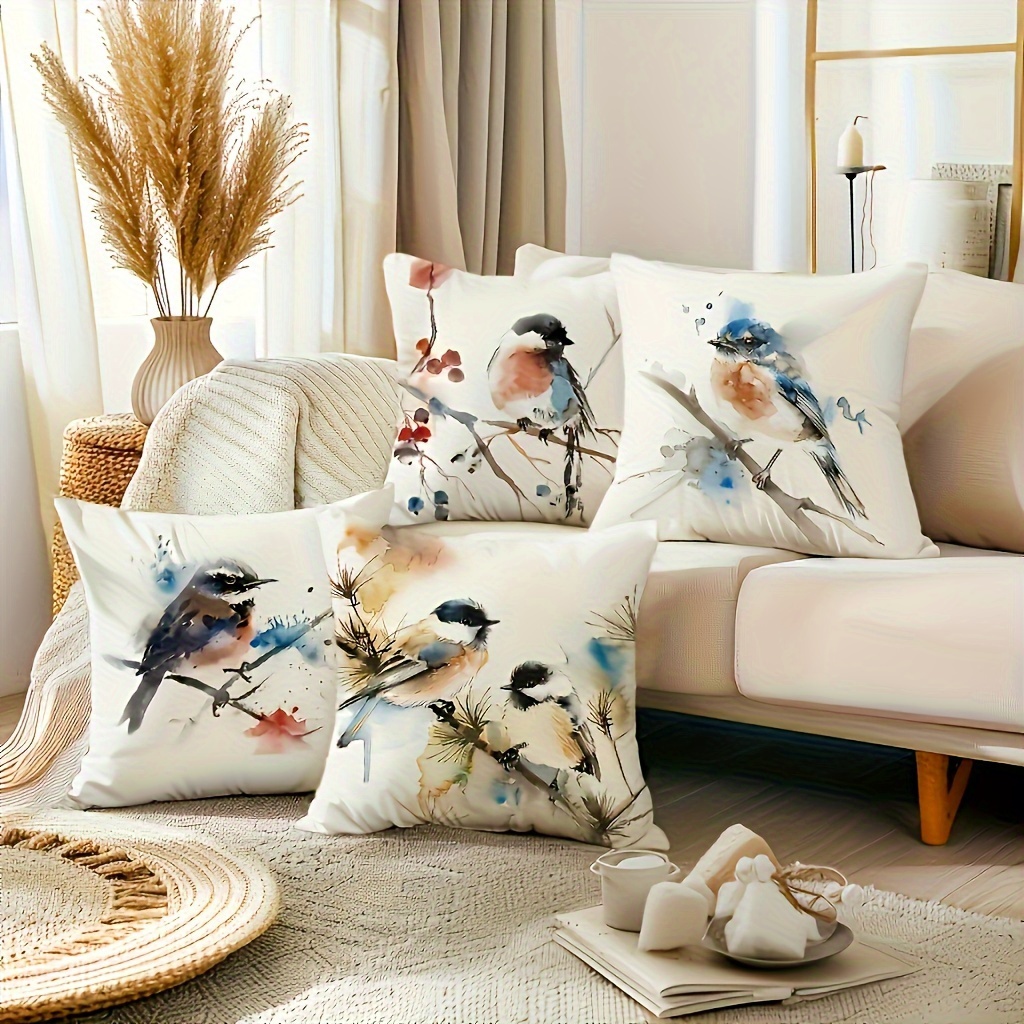 

4pcs Set Rustic Watercolor Bird Throw Pillow Covers, 18x18 Inches - Soft Polyester, Zip Closure, Decor For Sofa & Outdoor