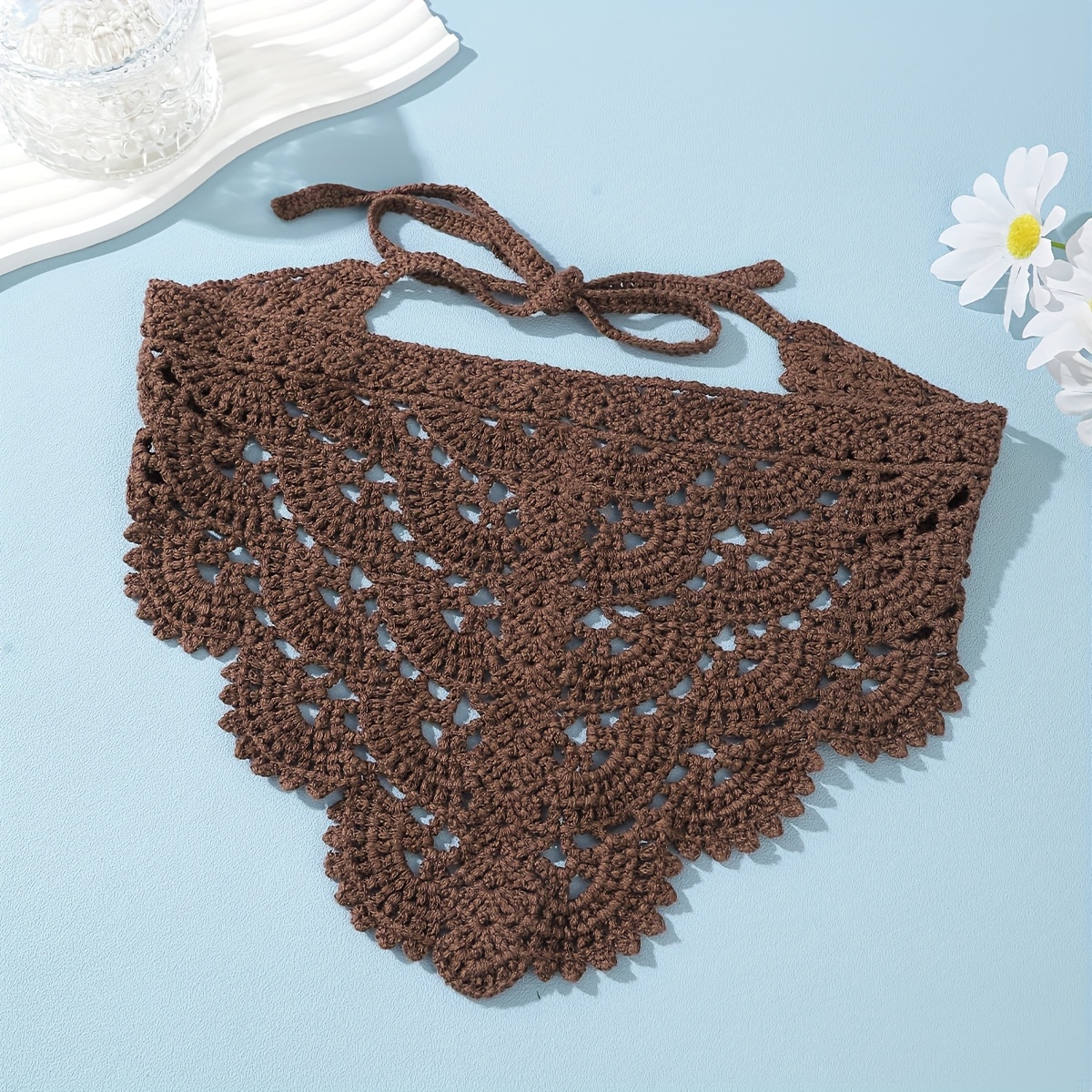 1pc/ Solid Triangle Scarf, Crocheted Women's Headscarf, Lightweight Hollow Handmade Summer Headscarf, With A Tie Design