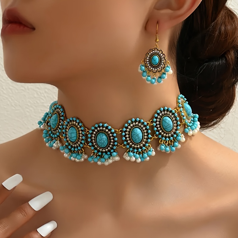 E-shop Ein Set aus dem Nahen , Retro-Elegante Türkis Eingefasste -Perlen Quasten Halskette und Ohrring Set, Damen Geburtstag Dating Abschlussball