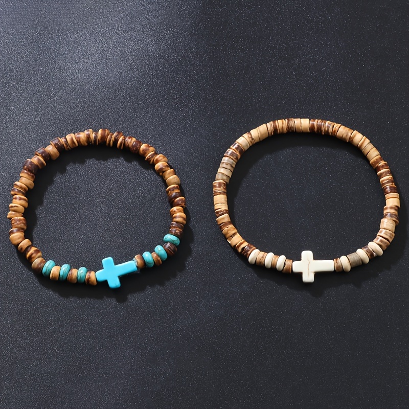 Cross Element Coconut Shell Wooden Beads Bracelet Set