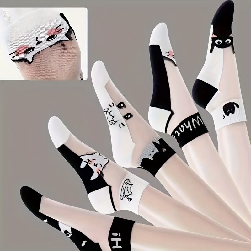 TEMU 5-pack Random Assortment Black And White Cat Crystal Socks - Breathable, Odor-resistant, Soft And Comfortable For Daily Wear, Cute Socks,