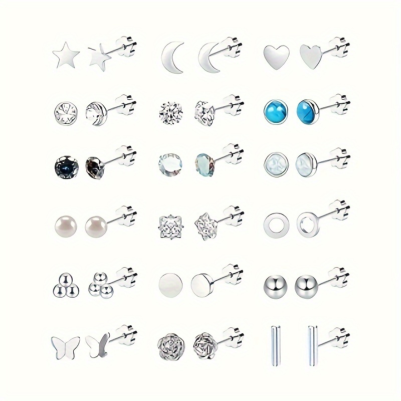 

36pcs Steel Earrings For Women Men Hypoallergenic Flat Back Stud Earrings For Sensitive Ears Cz Opal 20g Flower Back Cartilage Earrings