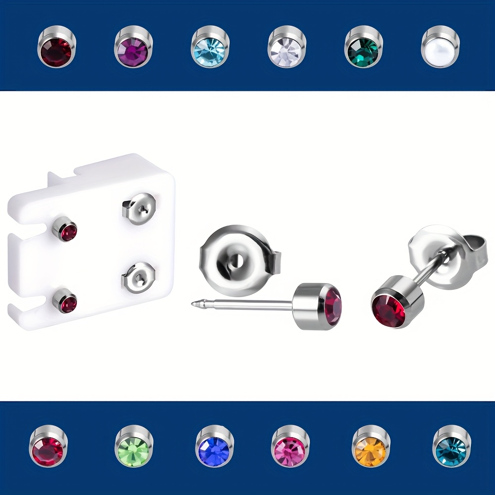 12 Pairs Birthstone Stud Earrings, Synthetic Zirconia