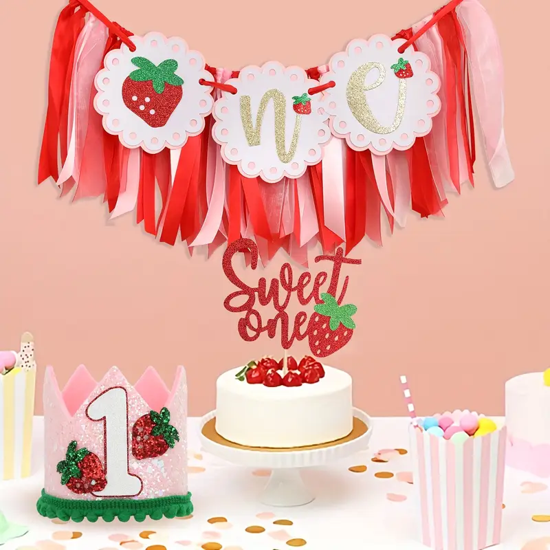 Strawberry 'Sweet One' Highchair Banner - 1st Birthday Party Decor, Photo Booth Prop, Cake Smash