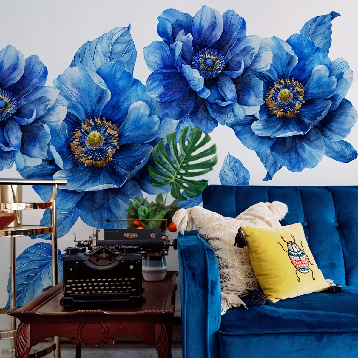 

1 Set Of Eighteen Large Creative Blue Floral Wall Stickers For Background Walls, Home Decoration Stickers, Self-adhesive Without Pvc Glue-free Hidden Adhesive Mj7015-yc