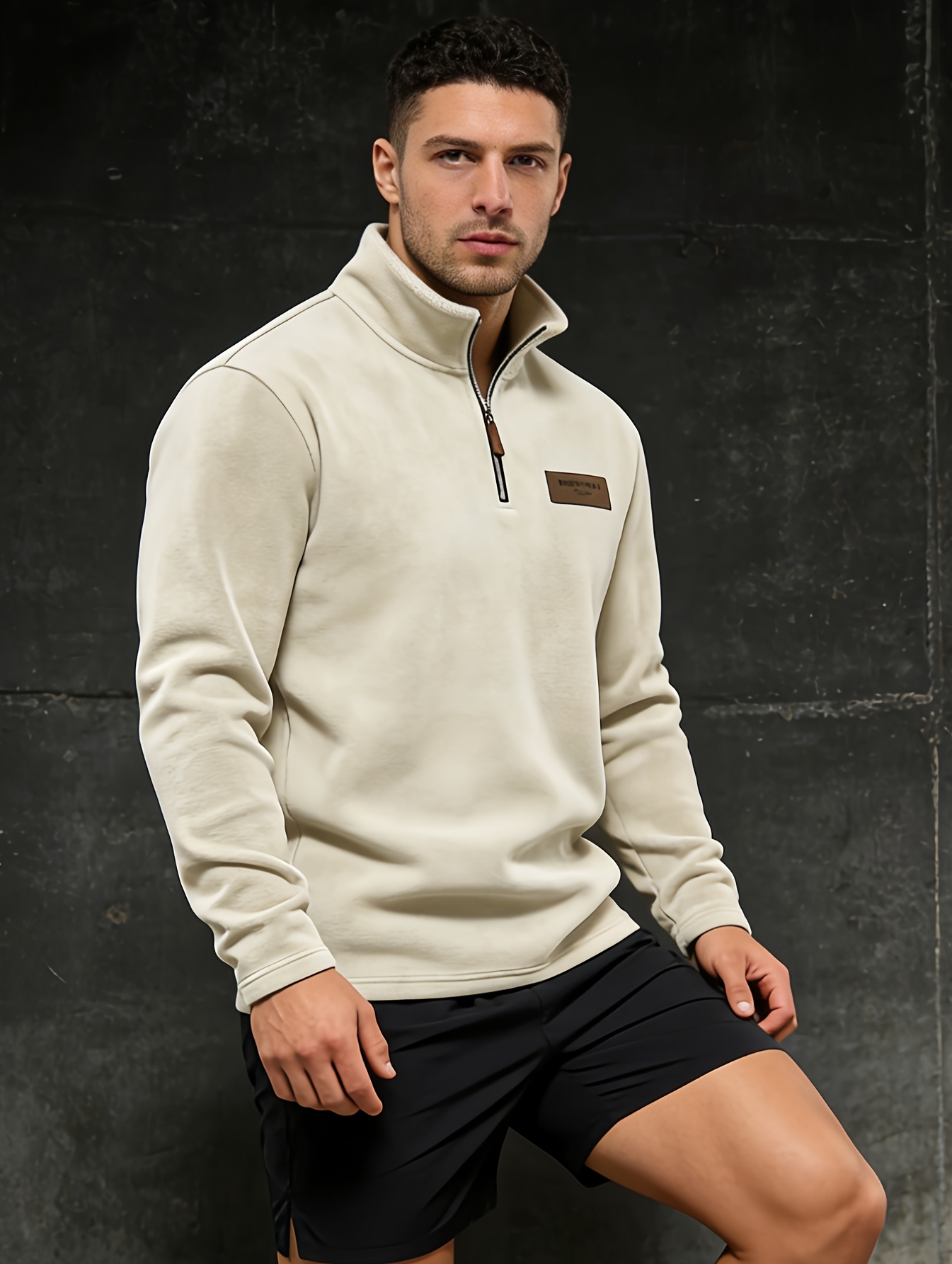 Men'S Casual Half-Zip Jacket in with a Stand Collar, Featuring a Fleece Design in a Collegiate Style