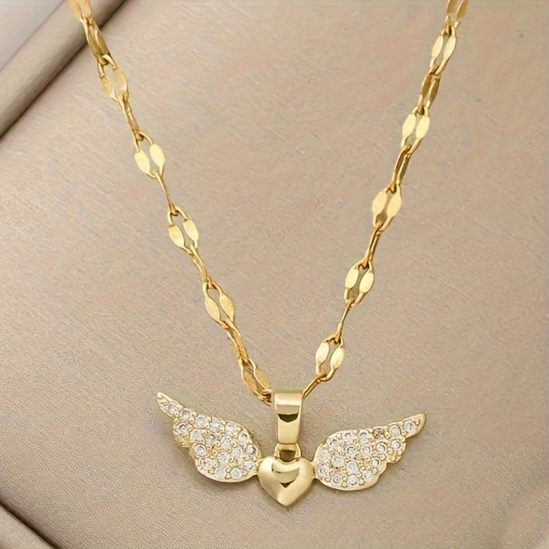 TEMU A Fashionable And Creative Heart-shaped Wing Pendant Stainless Steel Necklace - Perfect Gift For Valentine's Day & Mother's Day, Elegant Jewelry