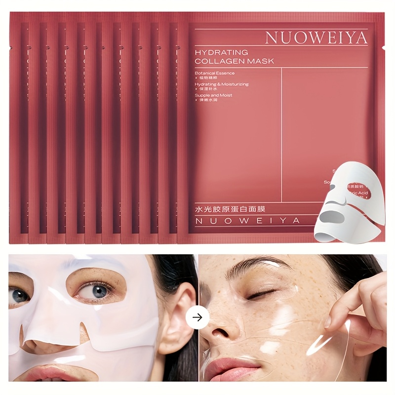 Image of Korean 10pcs Collagen Tightening Hydrating Mask, Moisturizes Light Beige For A , . Rich In Bio-collagen, Provides Facial Care With Collagen Masks