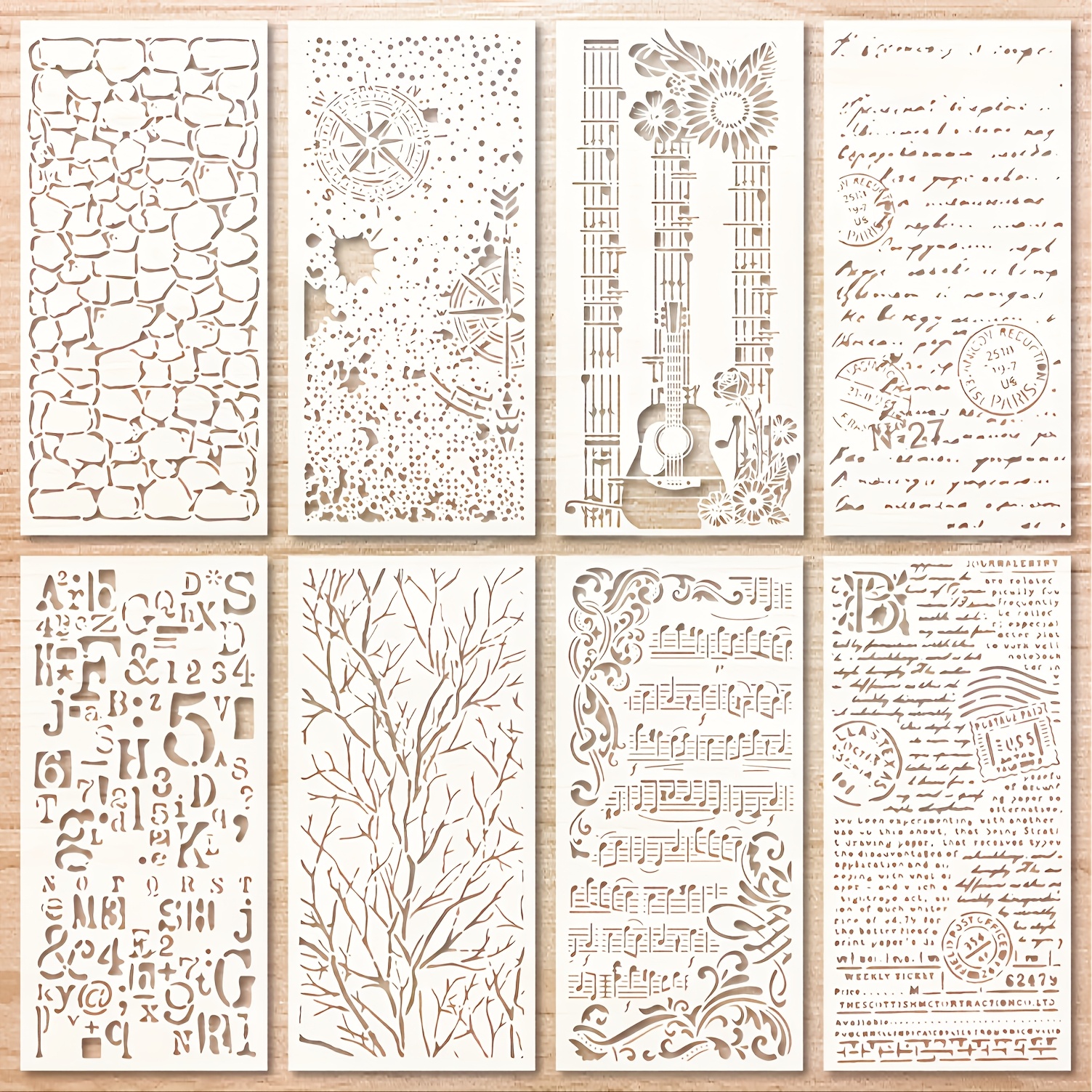 TEMU 8pcs Series Plastic Craft Templates - Durable Stencils With Music Symbols, Floral Patterns, Alphabet & Numbers For Diy Card Making, Furniture