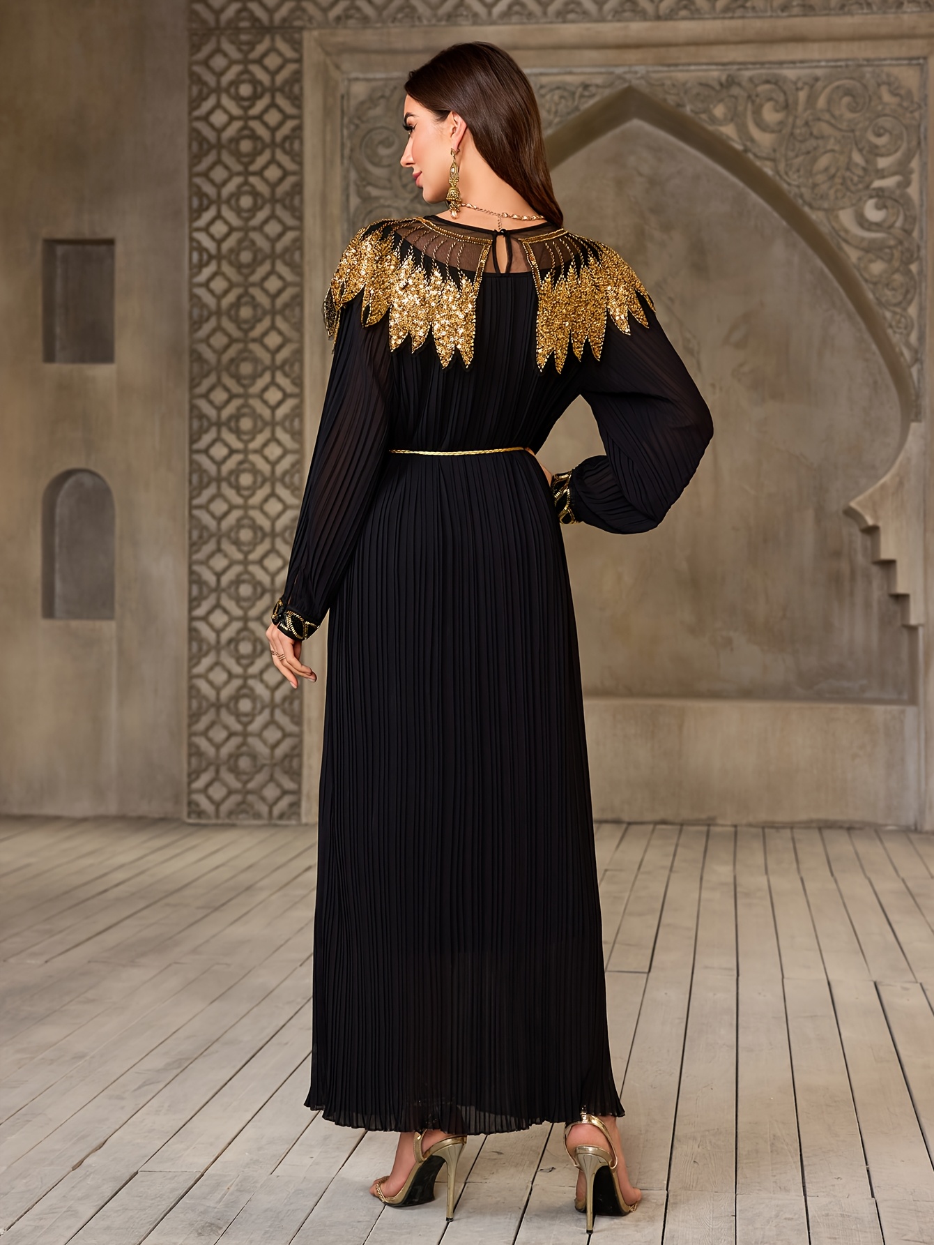 Arabic Court-Style Golden- Detachable Collar * Chiffon Dress, Luxurious  Draped Pleated Gown, Golden Tassel Waist Cord Robe for Ramadan, Eid  Al-Fitr, Eid *