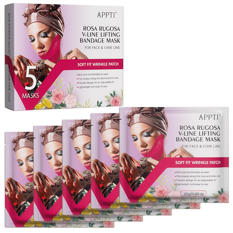 TEMU 5 piezas de máscara facial tensoras APPTI , parches para arrugas de la y la cara, correa para papada, moldeador de la mandíbula, máscara