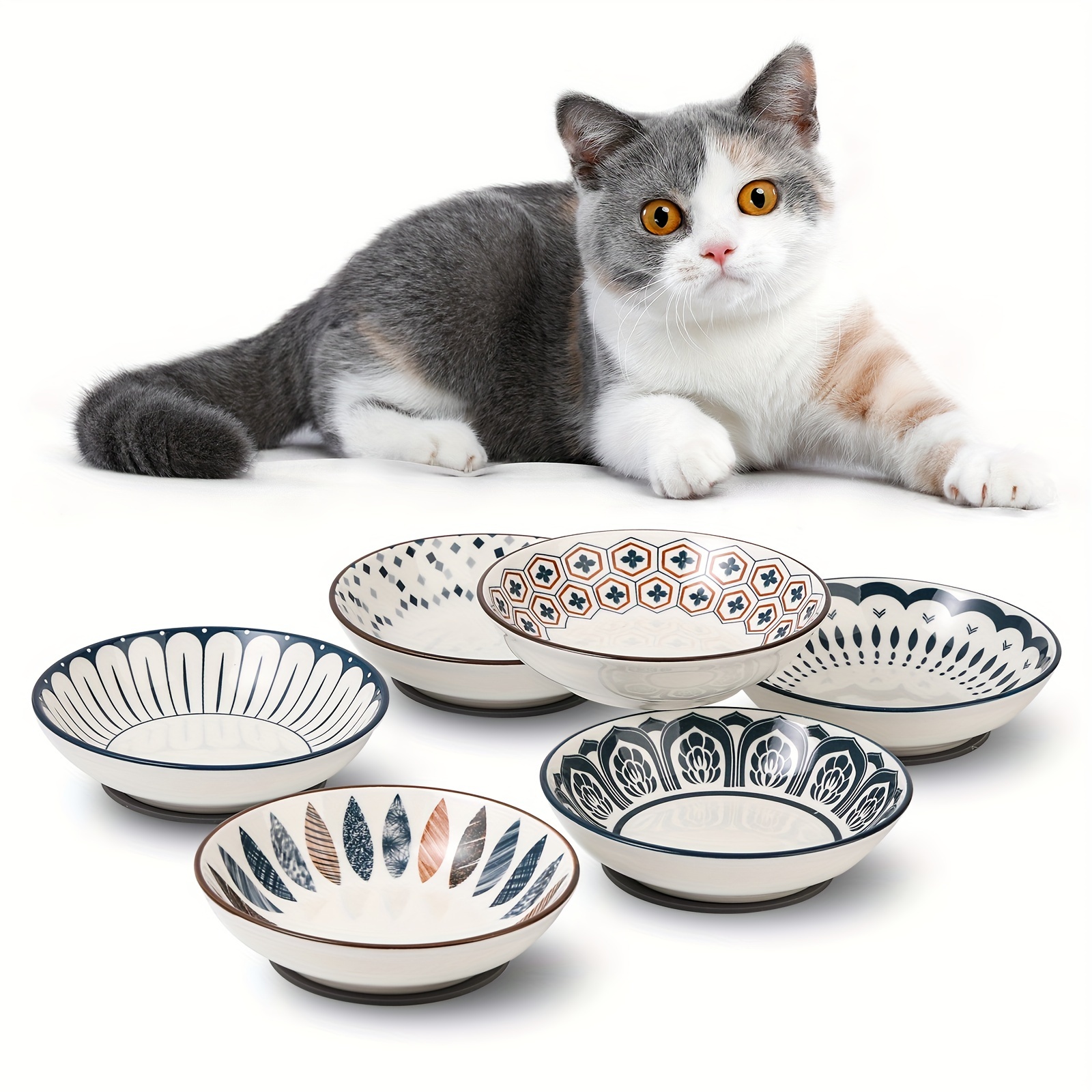 TEMU 5.75 Inch Small Ceramic Cat Food Bowl - Wide Shallow Cat Bowl With Non-slip Mat - Whisker Friendly Cat Feeding Bowls - Cute Cat Dish - Cat Plates - Dishwasher Safe - Set Of 6