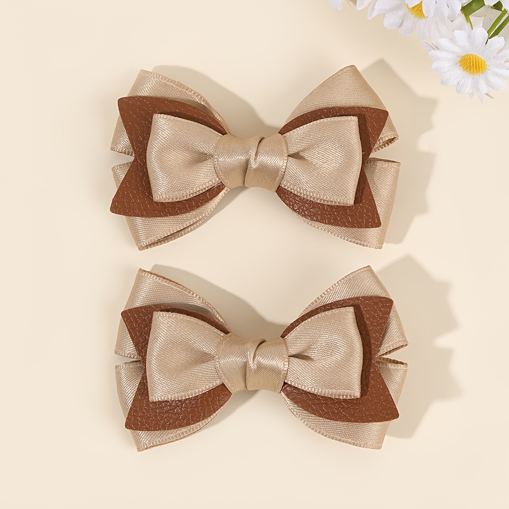TEMU 2pcs Retro Satin Hair Clips For Women Brown Layered Bow Hair Barrettes For Gifts Color Block Hairpins Perfect Fall Hair Accessories For Daily