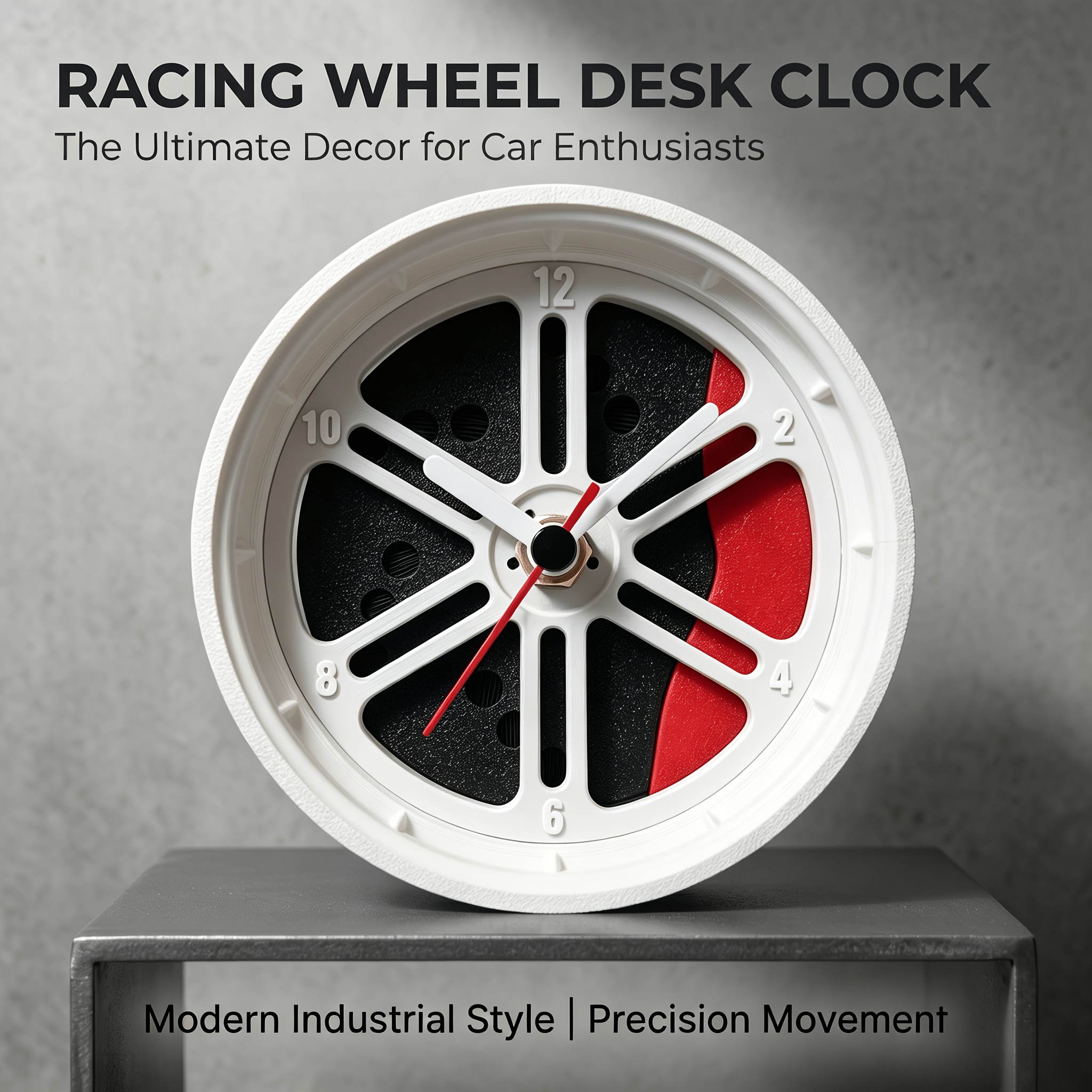 TEMU Racing Spoke Style Desktop Clock, Modern Industrial Style, Car Theme, Suitable For Car Enthusiasts. White Multi-spoke Wheel Design, Red Brake