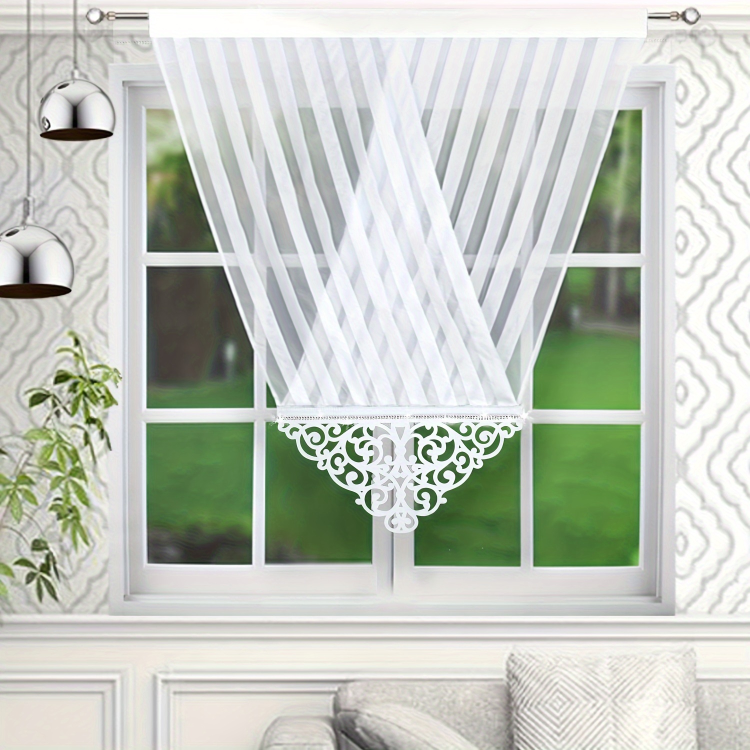 1pc Of Fhflyinghome Lam329 Model Carved Hollow Striped Lace Curtain For Bedroom And Living Room Decoration, Suitable For Festivals And Weddings