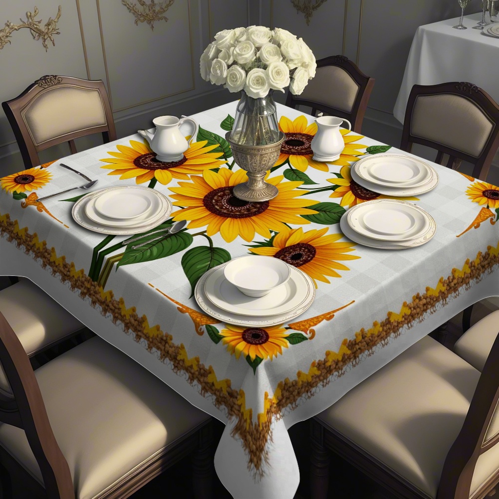 TEMU 1pc Sunflower Party Tablecloth - 1pc, Durable Polyester, Vibrant Yellow And Orange Sunflower Design With Green Leaves, White Background, Perfect