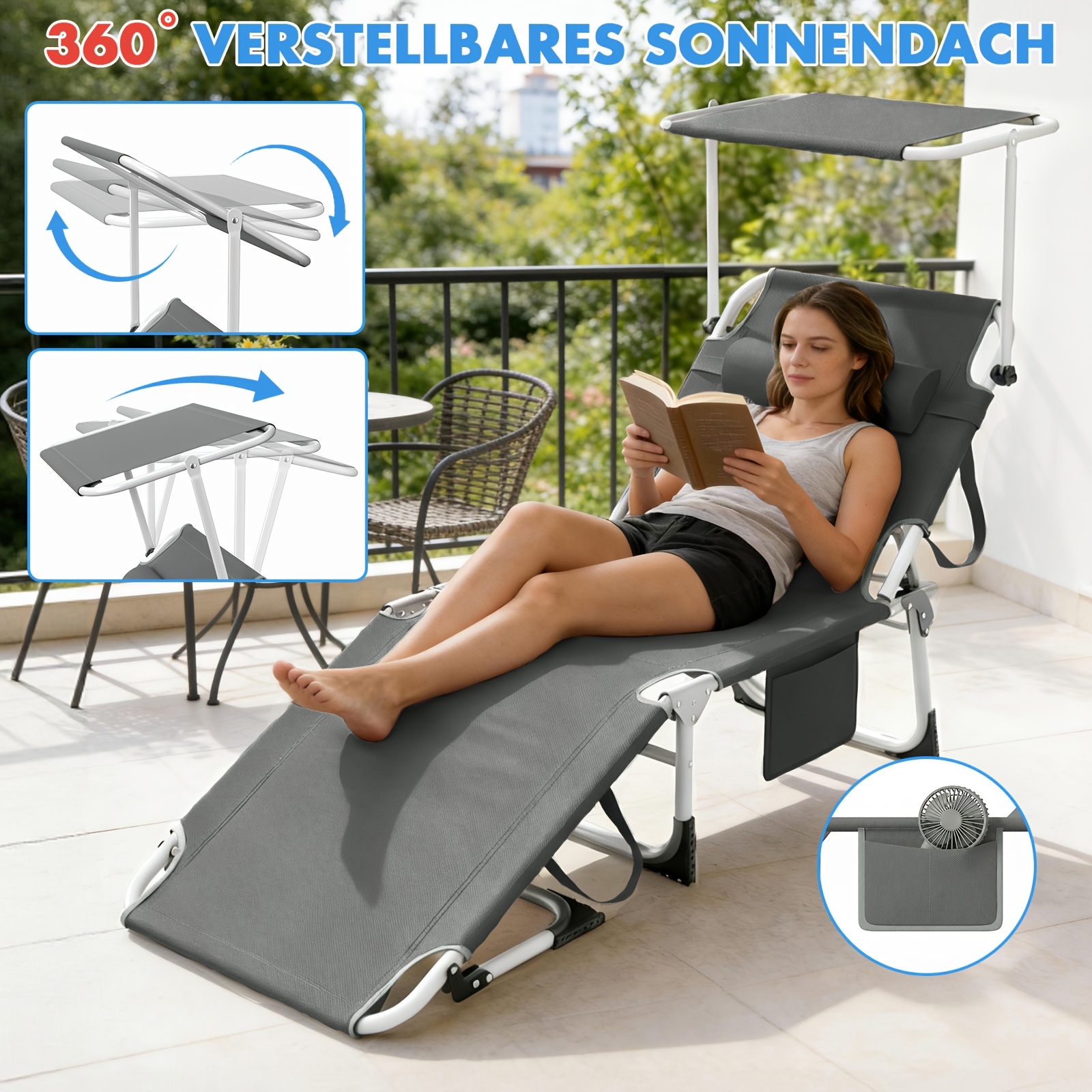 1pc - Chair. Aluminum Alloy Alloy Alloy Folding Garden Lounge Chair (with Umbrella/side Pocket), Durable Garden Chair, Adjustable Outdoor Lounge Chair, , With Sun Visor, Suitable For Gardens