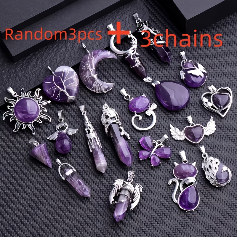 6pcs Set: 3 Random Style Pendants + 3 Chains. Mixed Batch With Random Bohemian- Amethyst Pendants Featuring Moon, Sun, Heart, , And Other Designs To Create Your Own Unique Mysterious Atmosphere. Diy'd