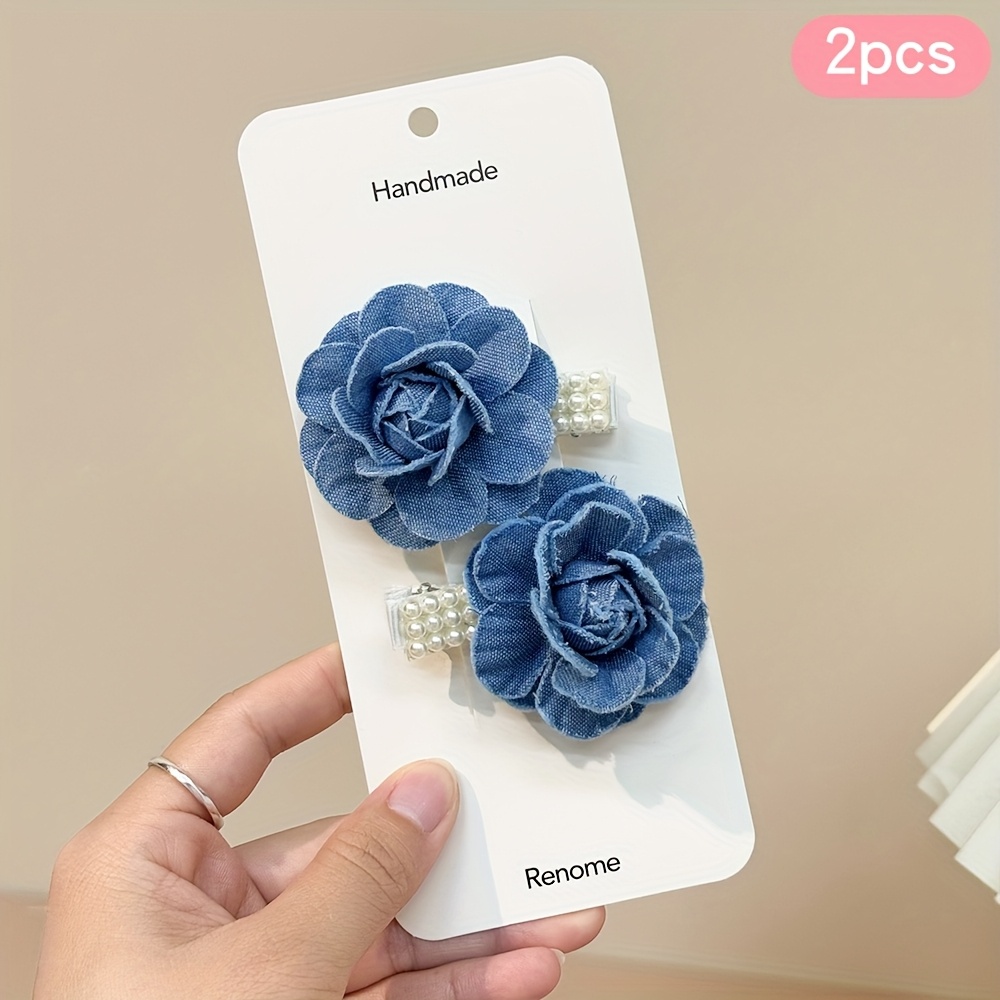 2pcs Flower Hair Clips Denim Floral Hair Barrettes Camellia Decor Hair Clips Hair Accessories For Girls Gifts, Vacation