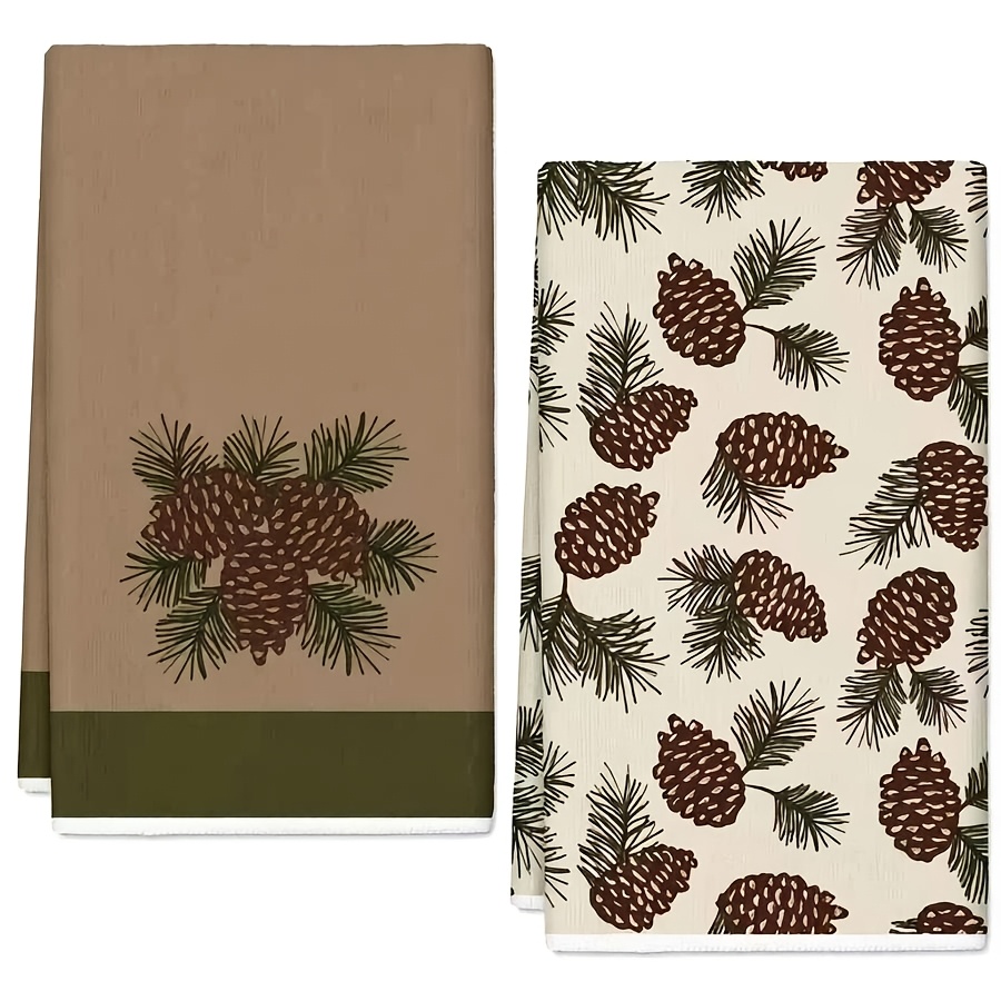 TEMU 2pcs Retro Pine Branch Color-block Christmas Kitchen Towels, 16 X 24 Inches, Autumn/winter Pine Branch Printed Napkins, Farmhouse Style Holiday