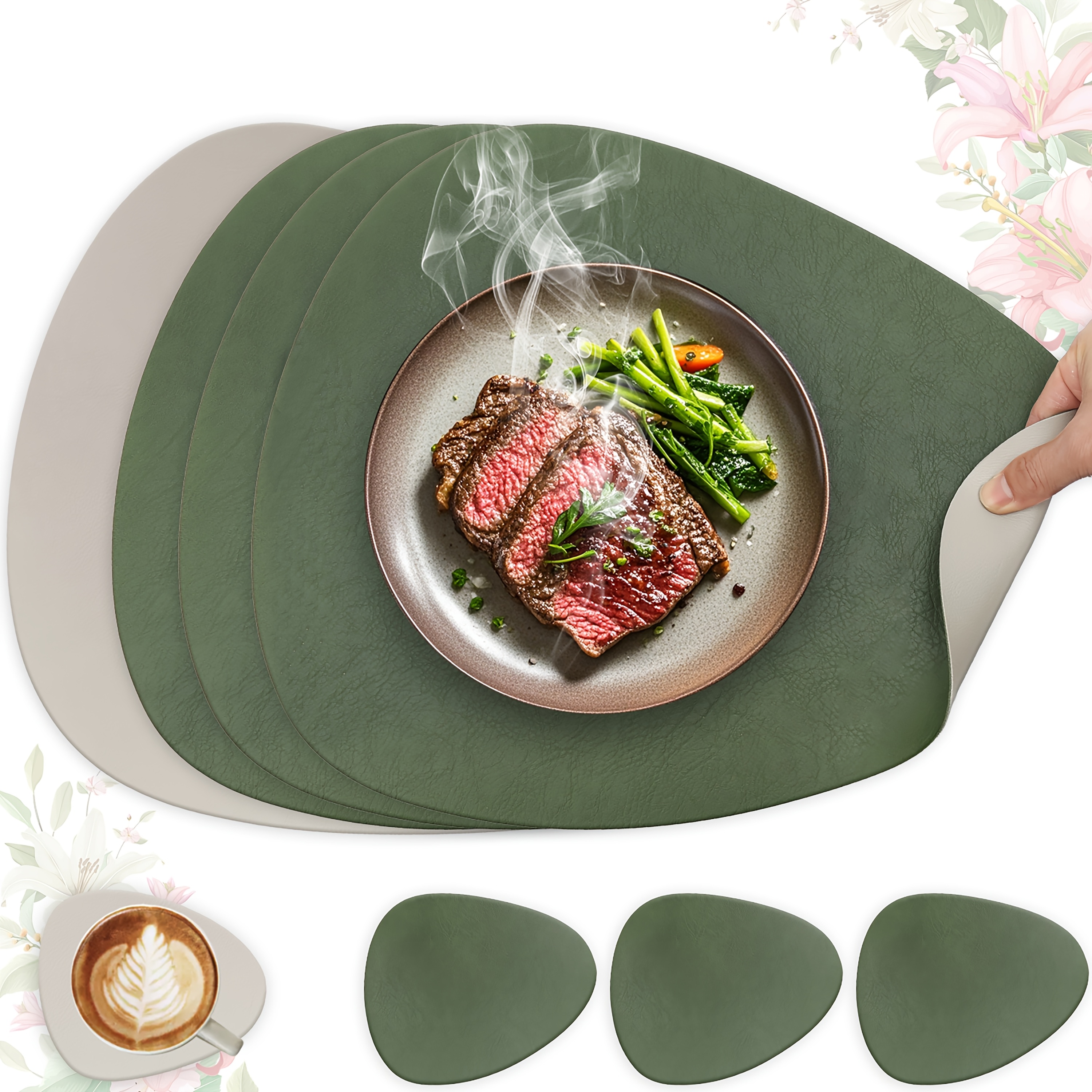 Image of 8pcs Faux Cowhide Pu Placemats Set (4 Placemats + 4 Coasters), Non-slip Reversible Teardrop Faux Leather Table Mats, Western-style Set For Home Kitchen & Office Desk