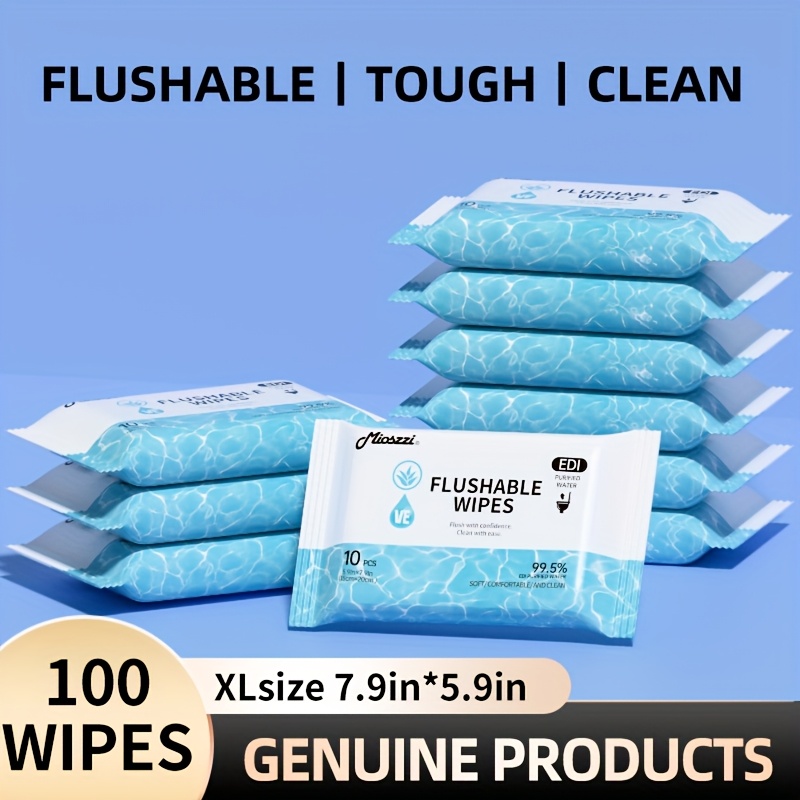 MIOSZZI Flushable Wipes for Adults, 10-Count Travel Pack, Convnient On-The-Go.Personal Cleansing Wet Wipes, Fragrance Free, Made From Plant-Based Fibers | Infused with Aloe, 20.07cm*14.99cm XL Toilet Towelettes, Soft & Gentle, 100/200wipes