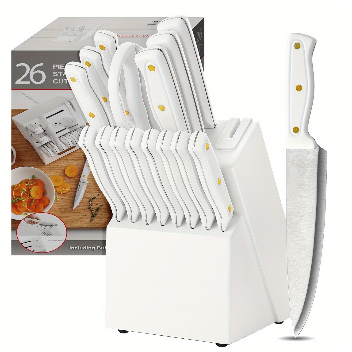 

Knife Set For Kitchen With Block, Tec703 White Kitchen With Built-in Sharpener, Cutlery Set With Measuring Cups And Spoons For Cooking, 26pcs