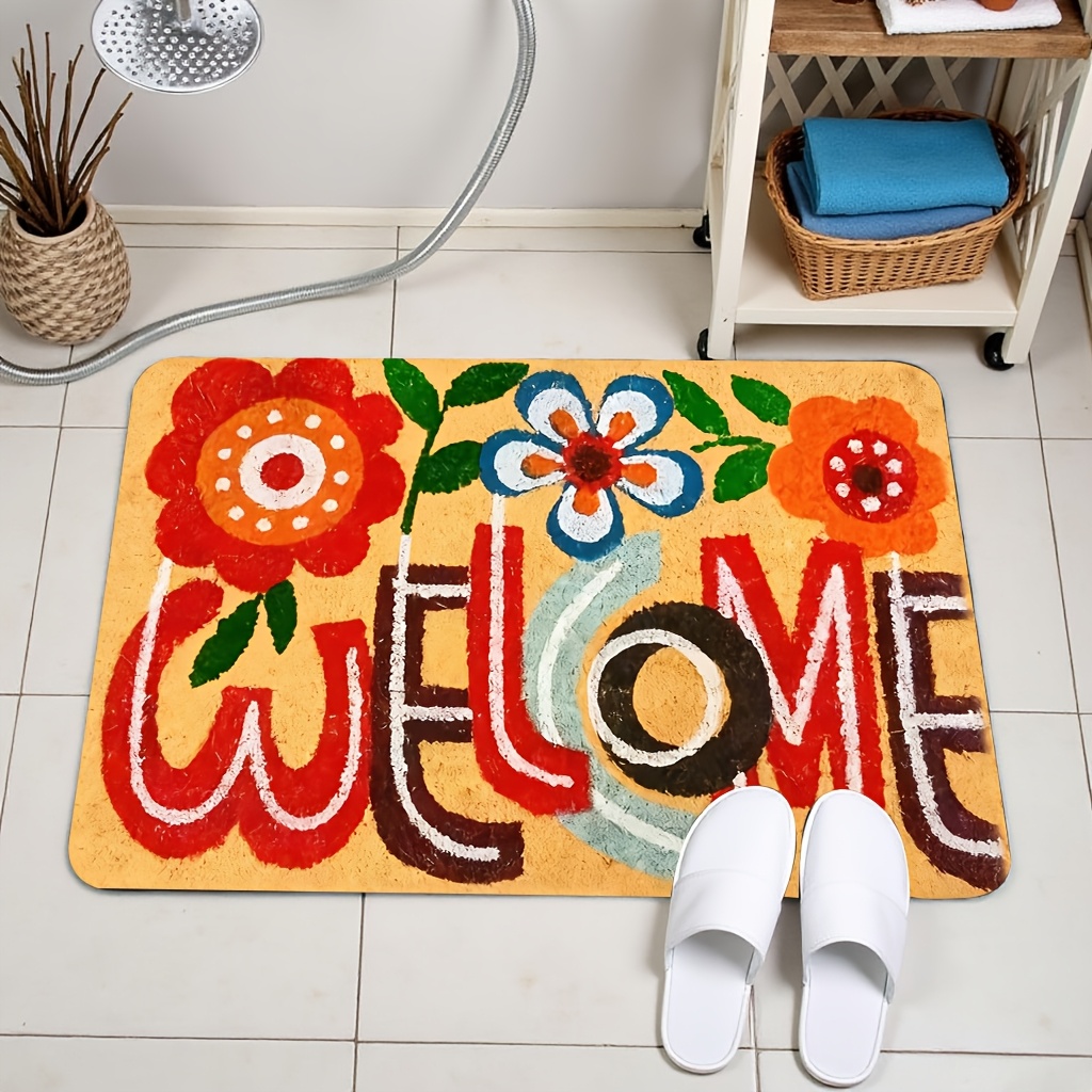 TEMU 1pièce Tapis D'accueil Floral Vibrant - Support En Caoutchouc Absorbant Et Antidérapant, Polyester Lavable En Machine, Idéal Pour La Décoration