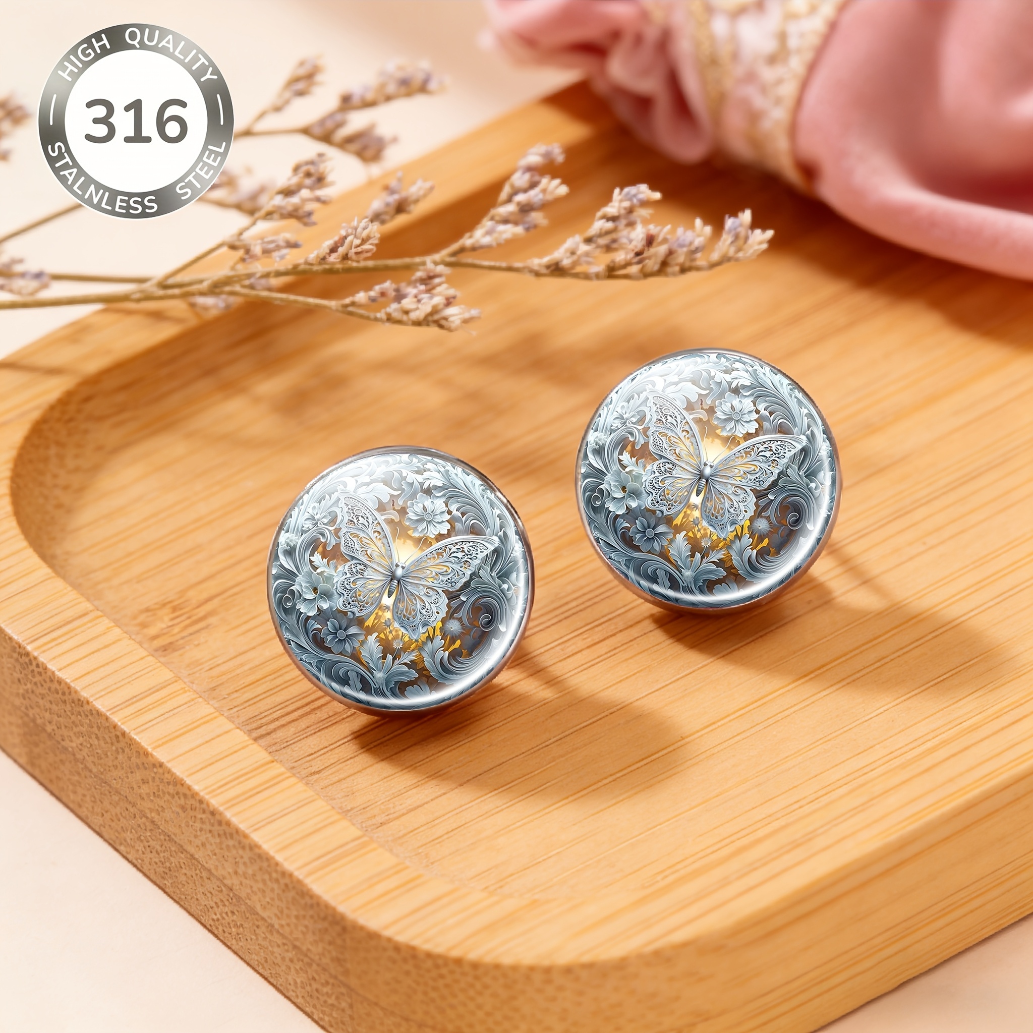 2pcs Silvery White Butterfly Floral Decorative Studs