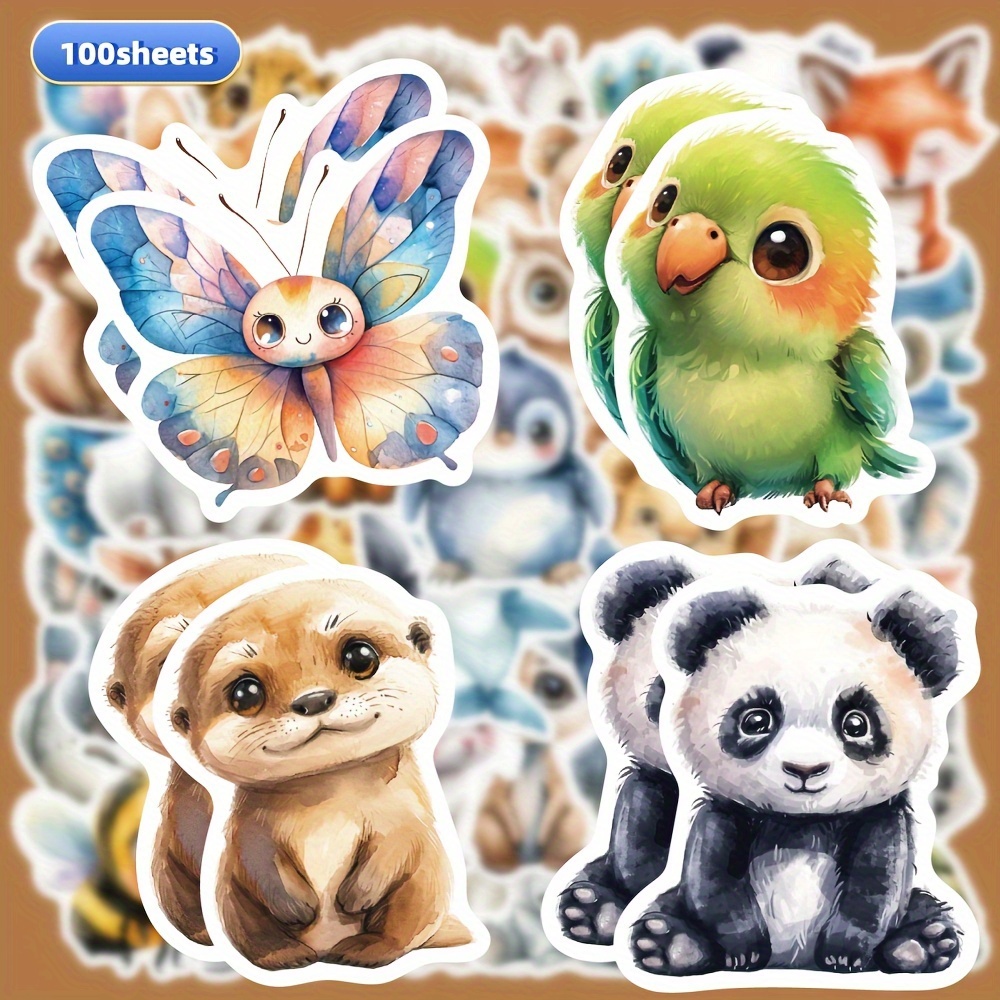 Image of 100 Sheets Cute Watercolor Animals Stickers, Decorative Notepad Laptop Guitar Handbook For Holiday Gifts Party Supplies Envelope Bags