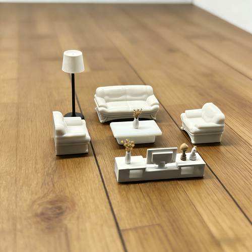 5pcs miniature furniture set white plastic 1 24 scale sofa coffee table tv cabinet model suitable for miniature scene setup ideal for miniature model enthusiasts micro landscape creators and hobbyists
