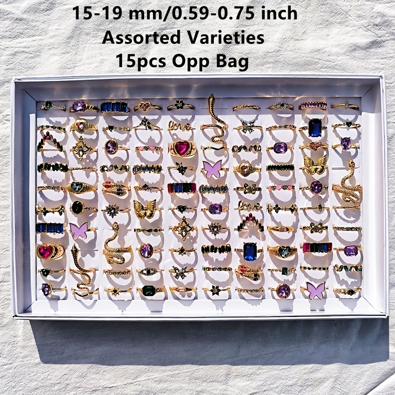 TEMU Wholesale 15pcs/ Pack Women's Fashion Stacked Rings Retro Men's And Women's Ring Rose 15mm-19mm Mixed Heart Snake Tai Chi Design Alloy Finger