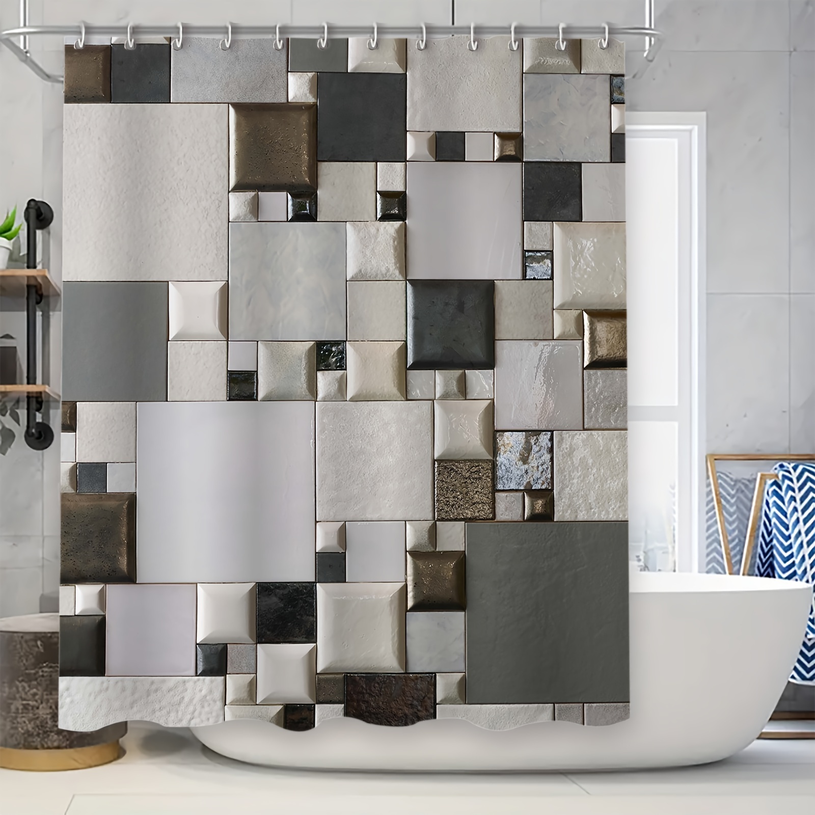 

1pc, 3d Geometric Tile Pattern Shower Curtain Set, Waterproof And Mildew Resistant, 70.8x70.8 Inches, Fashionable Bathroom Partition With 12 Hanging Rings For Home Bathtub Decor