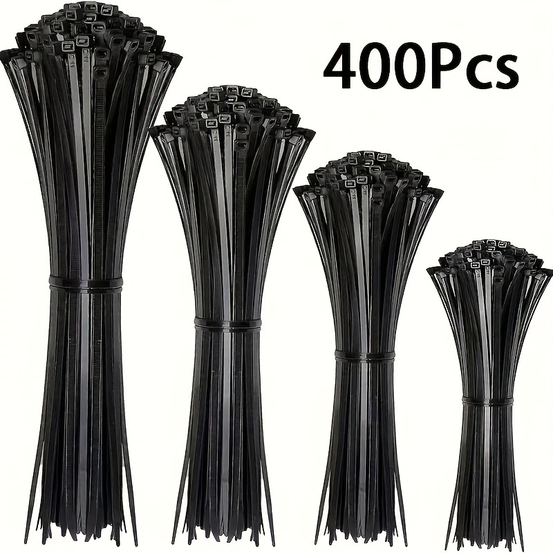 

400-piece Black Nylon Cable Ties Set - Assorted Sizes (10", 8", 6", 4") For Versatile Use In Home, Office, Garden & Workshop