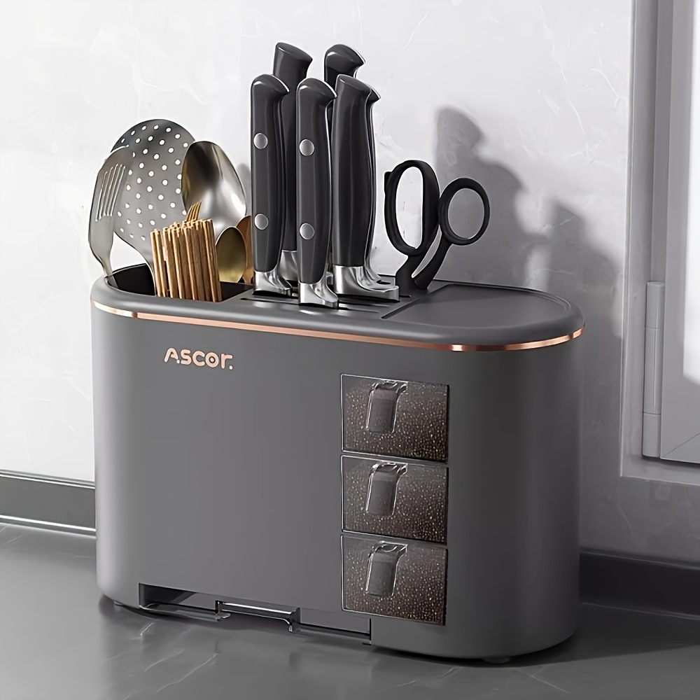 2 tier kitchen countertop organizer rack for knives spoons and utensils durable plastic with accents multi compartment storage for chopsticks spices and cookware space saving design for modern kitchens kitchen organizer sleek kitchen rack durable plastic rack Product details 0