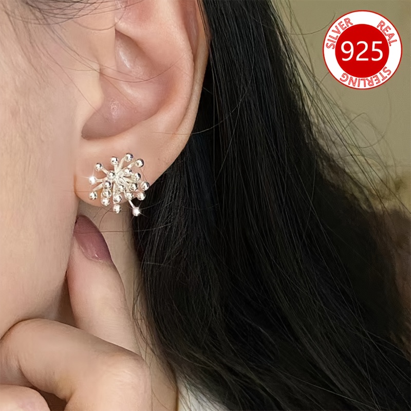 

925 Pure Silvery Low Allergy Sparkling Fireworks Dandelion Earrings Silvery Flower Earrings Exquisite Gifts For Ladies, Couples, , Christmas, Valentine's Day, Day 3.3g