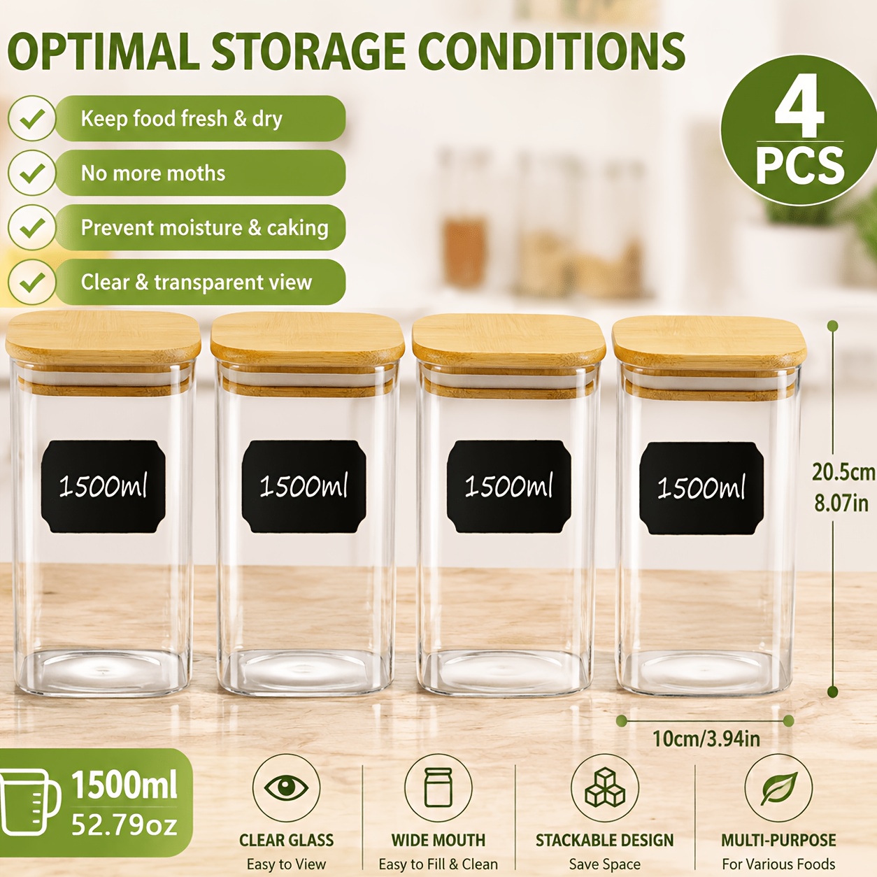 TEMU 4-pack Glass Storage Containers With Bamboo Lids, Large Airtight Pantry Canister Set, Square Kitchen Food Storage Jars For Flour, Sugar, Coffee,