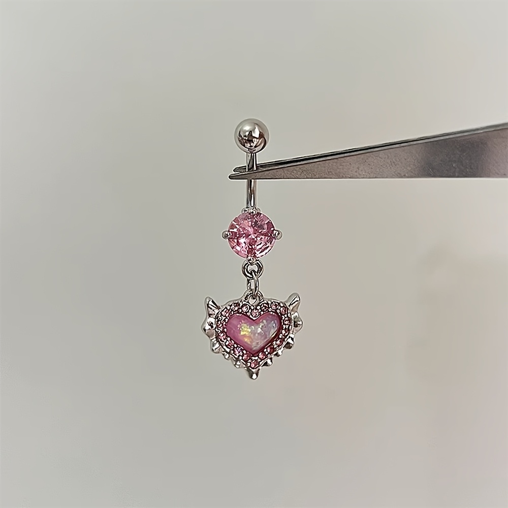 E-shop 1/2 Stk. rosa herzförmiger synthetischer Opal-Edelstahl-Bauchnabelpiercing-Stecker – Süßes Damen-Körperpiercing-Schmuck-Accessoire, geeignet für