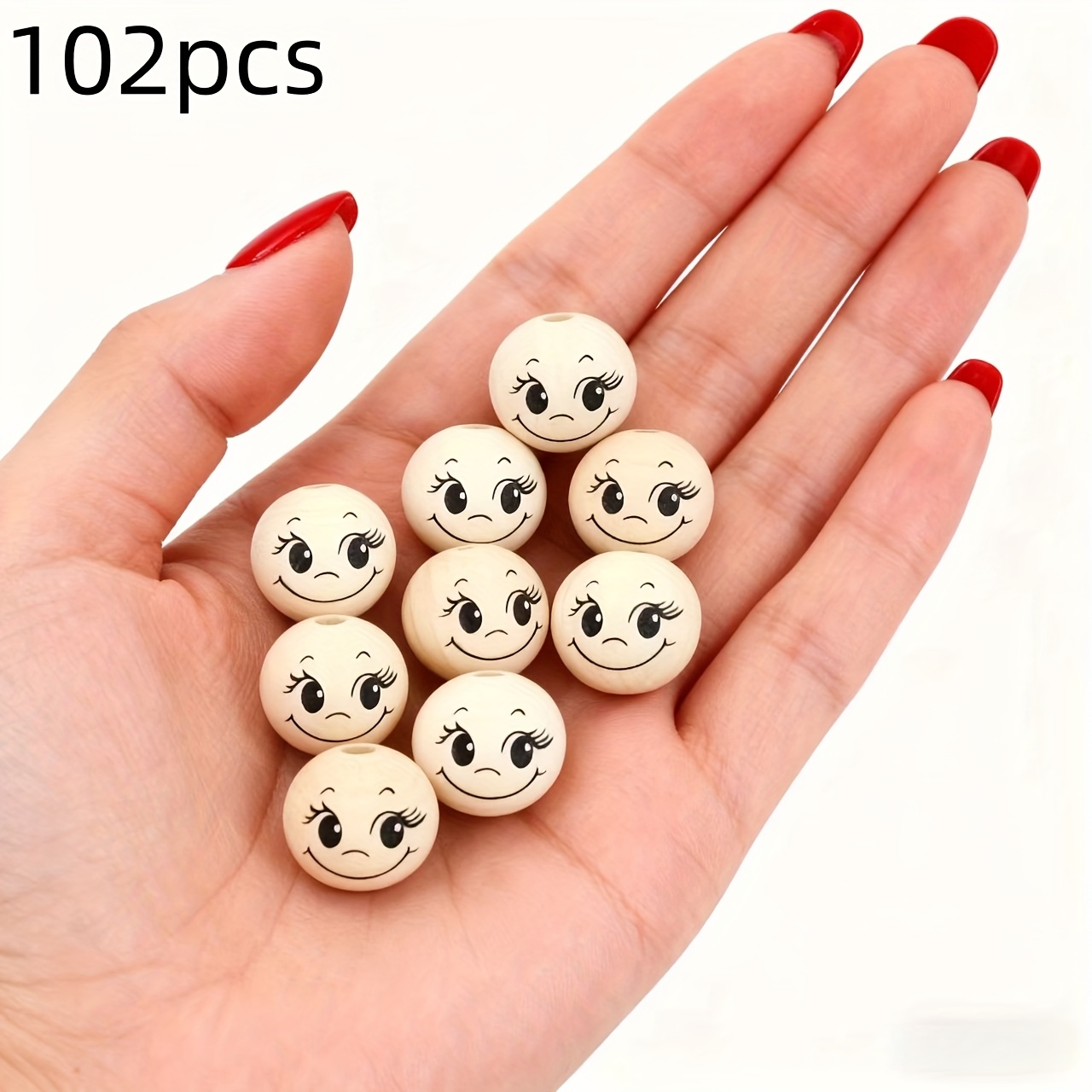 Image of 102/21 Natural Wooden Beads With - Smiling, Frowning, Eyes, And Cheeks. Suitable For Making, Keychains, Christmas Tree Decorations - Handcrafted Beads For Crafts, Birthday Party Gifts, Etc