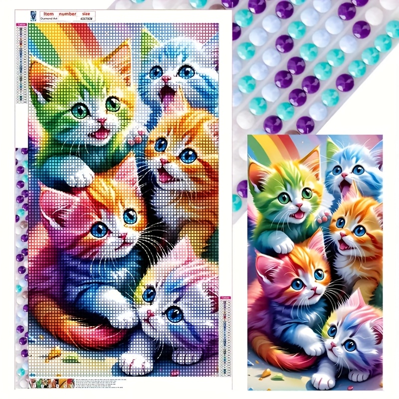 

1pc Large 5d Diy Diamond Painting Kit - Vibrant Rainbow Kittens, Round Gemstones, Easy Craft For Beginners, Wall Art Decor, 15.7x27.6 Inches