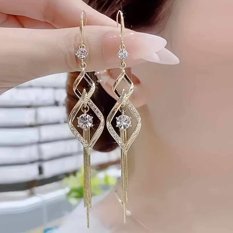 TEMU 1 Pair Women's Elegant Tassel Earrings - Copper-plated Golden Glittering Drop Dangle Earrings With Synthetic Zirconia Stones, Shimmering Party &