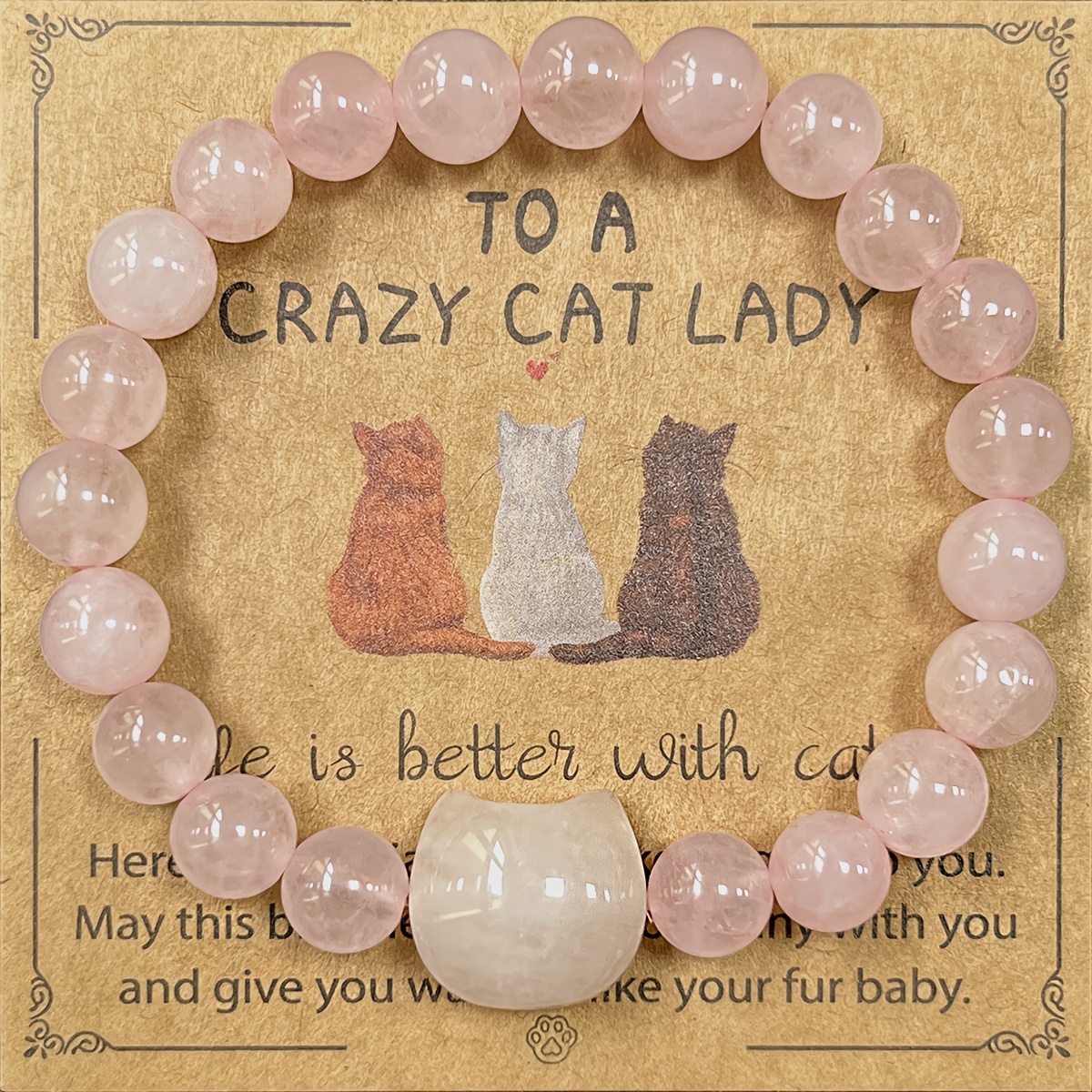 

Cat-themed 8mm Rose Quartz Natural Stone Bracelet - Handmade Beads, Bohemian Cute Jewelry Accessory, Perfect Crystal Gift For Cat Lovers With Gift Card, Encouragement Memorial, Women's