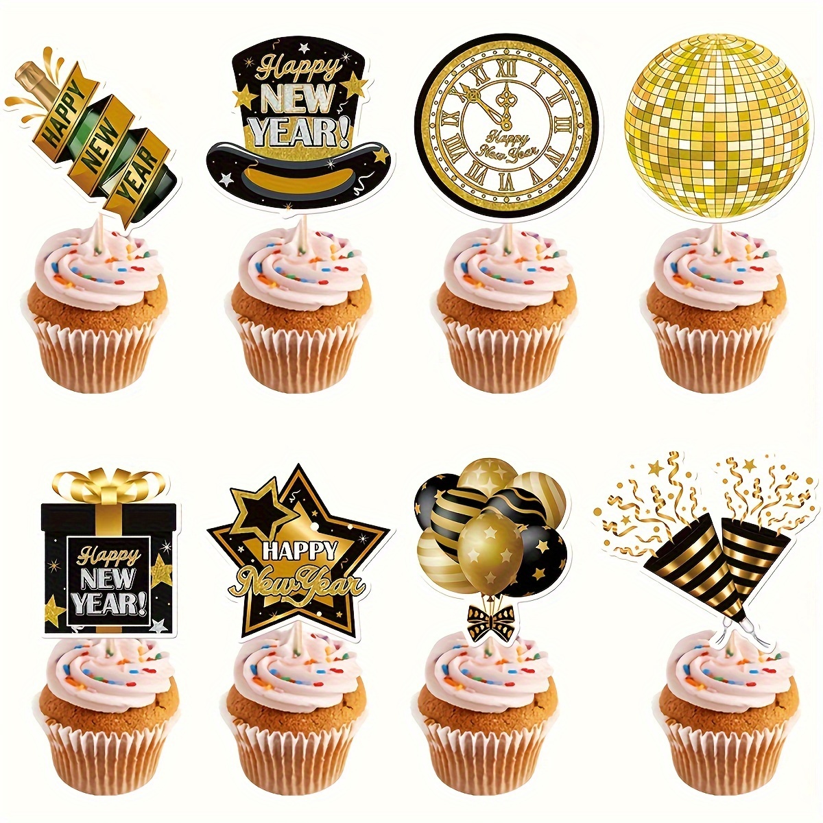 

New Year's Celebration Cupcake Toppers Set Of 8, Paper Cake Decorations For New Year's Eve Party, Assorted Designs No-feather Cupcake Picks For Festive Occasion Decor