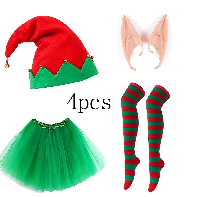 TEMU 4pcs Christmas Elf Ladies Dress Up Set, Including Elf Hat, Striped Stockings, Elf Ears, Tutu Skirt, Suitable For Halloween, Role Playing,