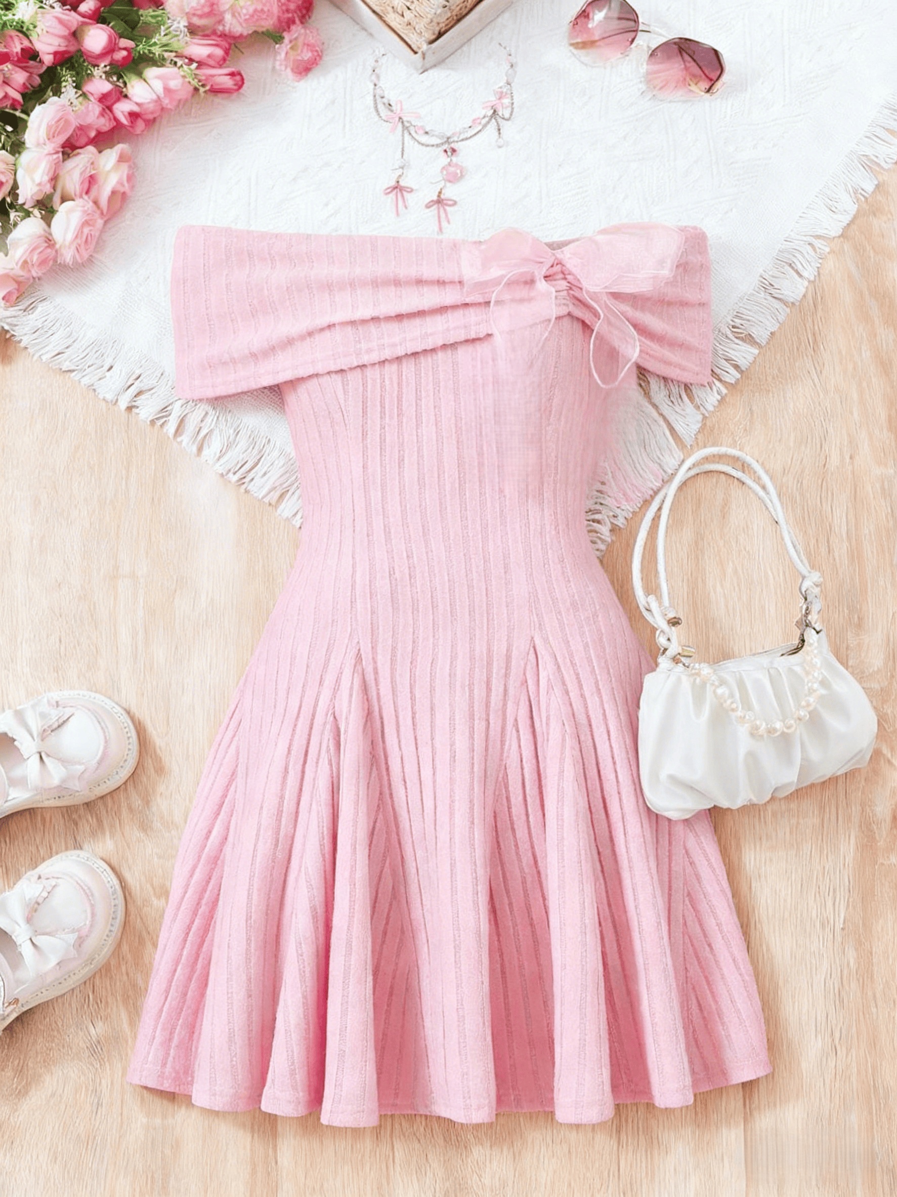 strapless open back dress Gypsy Garden Laced Bodice Ruched Midi Dress Pink main image 0