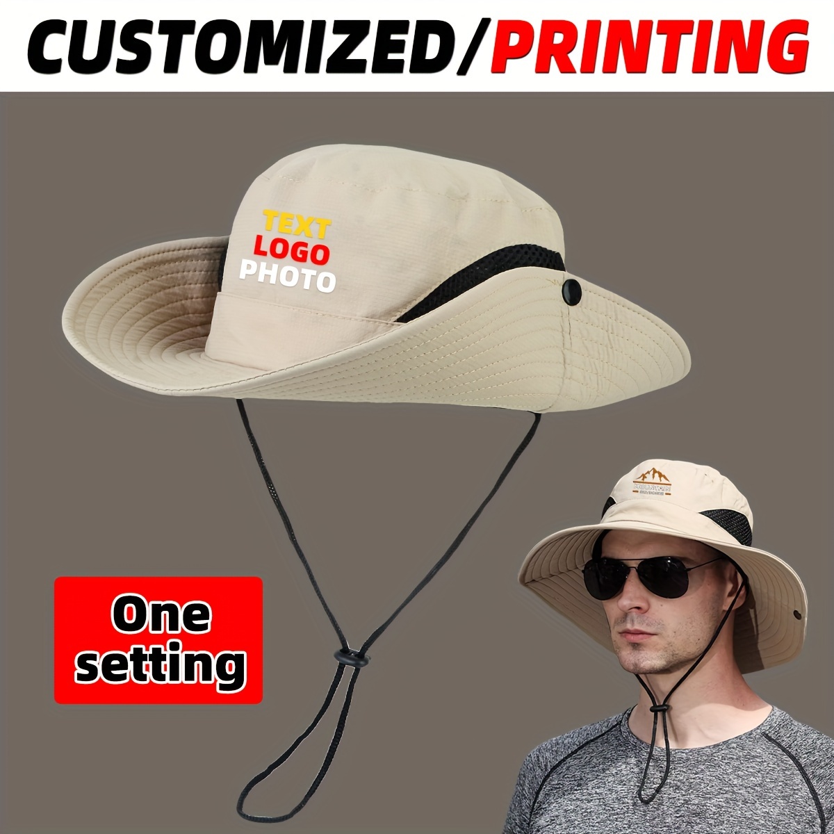 

Custom Personalized Bucket Hat With Photo Text Logo Print, Unisex Fishing & Trekking Boonie Cap, 100% Polyester, Funky Style, Woven, Non-stretch Fabric, Hand Washable - 1 Size