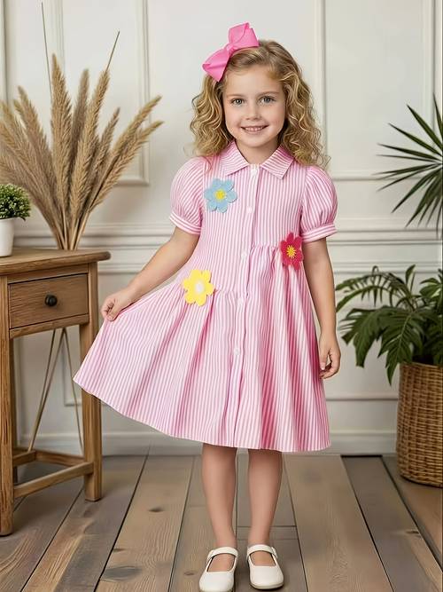 girls fashion spring summer new arrival striped fabric dress with lapel collar puff sleeves and 3d large