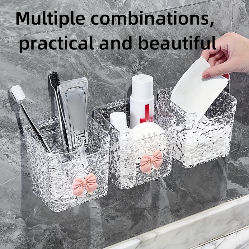 

1/2/3pcs Acrylic Hanging Storage Bins Set, Luxurious Embossed Pattern, Multi-use Bathroom & Kitchen Organizer, Toothbrush Toothpaste Holder, Makeup Basket, Wall-mounted Or Tabletop Accessory, Plastic